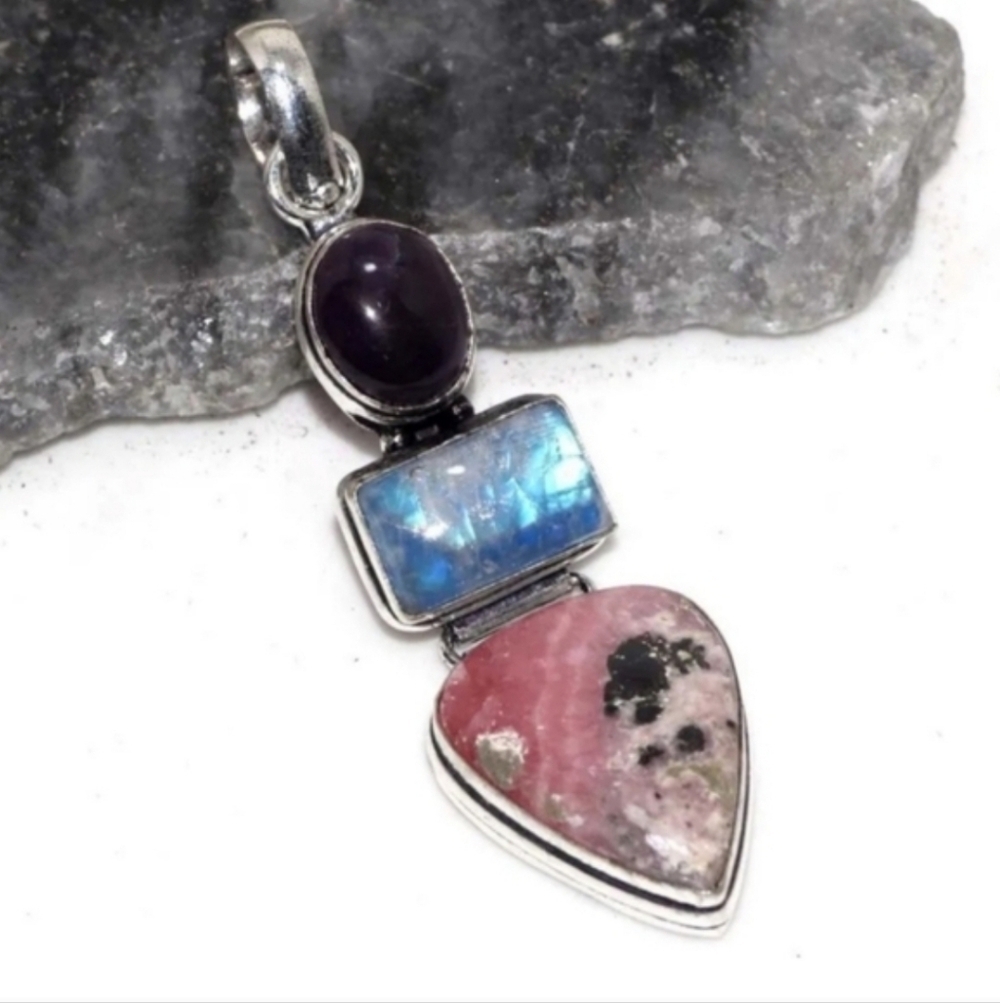 Rhodonite, Rainbow Moonstone, Amethyst Gemstone Long 2.5” Boho Silver Pendant - Picture 8 of 11